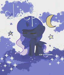 Size: 1705x2000 | Tagged: safe, artist:xinjinjumin091253688112, princess luna, alicorn, pony, g4, chibi, cloud, eyes closed, female, mare, moon, sleeping, solo, spread wings, text, wings