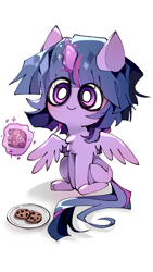 Size: 540x960 | Tagged: safe, artist:fadiandeyinfu, twilight sparkle, alicorn, pony, g4, cookie, female, food, magic, mare, plate, simple background, sitting, smiling, solo, spread wings, telekinesis, twilight sparkle (alicorn), white background, wings