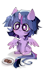 Size: 540x960 | Tagged: safe, alternate version, artist:fadiandeyinfu, twilight sparkle, alicorn, pony, g4, cookie, female, food, mare, plate, simple background, sitting, smiling, solo, spread wings, twilight sparkle (alicorn), white background, wings