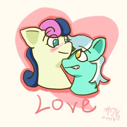 Size: 750x750 | Tagged: safe, artist:yonghu7591709000, artist:布丁owob, bon bon, lyra heartstrings, sweetie drops, earth pony, pony, unicorn, g4, blushing, female, grin, heart, horn, lesbian, looking at you, mare, ship:lyrabon, shipping, simple background, smiling, yellow background