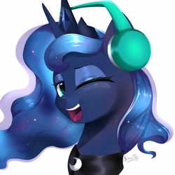 Size: 2500x2500 | Tagged: safe, artist:jxxnxmlp, princess luna, alicorn, pony, g4, bust, crown, cute, ethereal mane, female, headphones, jewelry, lunabetes, mare, one eye closed, open mouth, peytral, portrait, regalia, simple background, solo, white background, wink