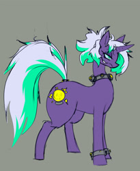 Size: 1500x1833 | Tagged: safe, artist:imric1251, oc, oc only, oc:tesla, pony, unicorn, bracelet, collar, evil smile, eyelashes, female, female oc, gray background, green eyes, horn, jewelry, lidded eyes, messy mane, purple coat, ring, simple background, smiling, solo, tail, tail ring, two toned mane, two toned tail, unicorn horn, unicorn oc