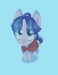 Size: 2776x3576 | Tagged: safe, artist:alex6886, stygian, pony, unicorn, g4, blue background, cloak, clothes, cute, eye clipping through hair, high angle, horn, lineless, looking at you, puppy dog eyes, signature, simple background, solo, stygianbetes, wide eyes