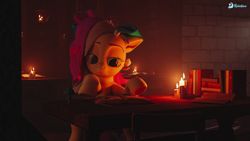 Size: 5760x3240 | Tagged: safe, artist:reinbou, oc, oc only, oc:hope gate, earth pony, pony, 3d, blender, blender cycles, book, bookshelf, candle, chair, library, night, solo, table