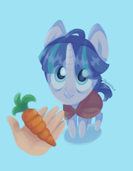 Size: 2776x3576 | Tagged: safe, alternate version, artist:alex6886, stygian, pony, unicorn, g4, blue background, carrot, cloak, clothes, cute, disembodied hand, eye clipping through hair, food, hand, herbivore, high angle, horn, lineless, looking at you, male, puppy dog eyes, signature, simple background, solo, stygianbetes, wide eyes