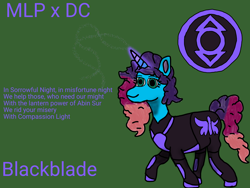 Size: 2048x1536 | Tagged: safe, artist:blackblade360, misty brightdawn, pony, unicorn, g5, armor, armored pony, clothes, crossover, dc comics, digital art, female, glowing, glowing horn, gradient mane, gradient tail, green background, green eyes, horn, ibispaint x, indigo tribe, lantern corps, latex, latex suit, logo, magic, magic aura, mare, pose, rebirth misty, shading, signature, simple background, superhero, superhero costume, tail, title card, uniform, unshorn fetlocks