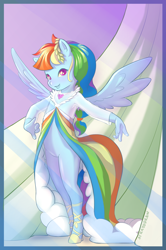 Size: 2540x3835 | Tagged: safe, artist:stratodraw, rainbow dash, pegasus, anthro, unguligrade anthro, g4, clothes, dress, featureless crotch, solo, spread wings, wings