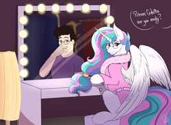 Size: 4000x2914 | Tagged: safe, artist:shamy-crist, princess celestia, alicorn, human, pony, g4, bathrobe, clothes, eyelashes, glasses, horn, implied transformation, long mane, male to female, mirror, reflection, rule 63, sitting, tail, wings