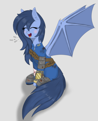 Size: 2758x3400 | Tagged: safe, artist:marbatra, oc, oc only, oc:blue moon, bat pony, pony, fallout equestria, armor, bat pony oc, bat wings, blue fur, blue mane, blushing, clothes, cute, eeee, fallout, fanfic art, female, jumpsuit, mare, ocbetes, pipbuck, simple background, solo, vault suit, wings