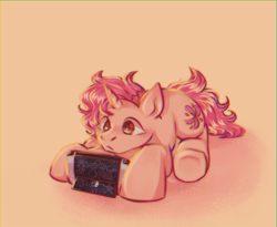 Size: 2056x1685 | Tagged: safe, artist:alex6886, oc, oc only, oc:cotton bloom, pony, unicorn, brown eyes, horn, lying down, messy mane, nintendo, nintendo switch, pink hair, pink mane, simple background, solo