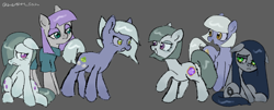 Size: 3840x1556 | Tagged: safe, artist:metaruscarlet, limestone pie, marble pie, maud pie, oc, oc:minkie pie, earth pony, pony, fanfic:muffins, g4, fanfic art, gray background, grin, hopping, looking at each other, looking at someone, lying down, open mouth, pie sisters, raised hoof, sad, siblings, simple background, sisters, smiling, teeth