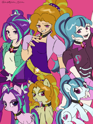 Size: 3072x4096 | Tagged: safe, artist:metaruscarlet, adagio dazzle, aria blaze, sonata dusk, earth pony, human, pony, rainbow rocks 10th anniversary, g4, clothes, cutie mark on clothes, disguise, disguised siren, earth pony adagio dazzle, earth pony aria blaze, earth pony sonata dusk, equestria girls ponified, gem, human ponidox, looking at you, open mouth, pink background, ponified, raised hoof, self paradox, self ponidox, simple background, siren gem, skirt, stars, the dazzlings