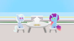 Size: 1920x1080 | Tagged: safe, artist:carrotorangelight, alphabittle blossomforth, misty brightdawn, pony, unicorn, g5, colored, cup, father and child, father and daughter, female, horn, male, pointy ponies, rebirth misty, teacup, teapot