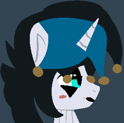 Size: 324x321 | Tagged: safe, artist:jadeharmony, artist:swaggykittycat, oc, oc only, oc:elizabat stormfeather, alicorn, bat pony, bat pony alicorn, pony, alicorn oc, base used, bat pony oc, bat wings, batman, batman: caped crusader, blue background, clothes, clown, clown makeup, cosplay, costume, crossover, dc comics, face paint, female, harley quinn, horn, jester, lipstick, mare, simple background, solo, wings