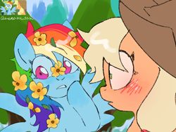 Size: 4096x3072 | Tagged: safe, artist:metaruscarlet, applejack, rainbow dash, earth pony, pegasus, pony, g4, the perfect pear, applejack's hat, blushing, character swap, cowboy hat, cute, dashabetes, duo, duo female, edited screencap reference, female, flower, flower in hair, freckles, grass, hat, hoof on cheek, jackabetes, lesbian, open mouth, raised hoof, reference, scene interpretation, ship:appledash, shipping, spread wings, surprised, tree, wings