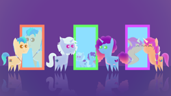 Size: 1920x1080 | Tagged: safe, artist:carrotorangelight, alphabittle blossomforth, hitch trailblazer, misty brightdawn, sunny starscout, alicorn, earth pony, pony, unicorn, g5, hall-o-marers, my little pony: tell your tale, colored, female, funhouse mirror, horn, male, mirror, pointy ponies, race swap, sunnycorn