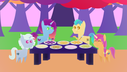 Size: 1920x1080 | Tagged: safe, artist:carrotorangelight, alphabittle blossomforth, hitch trailblazer, misty brightdawn, sunny starscout, alicorn, earth pony, pony, unicorn, g5, colored, cookie, father and child, father and daughter, female, food, fruit cookie, horn, male, pointy ponies, race swap, sunnycorn