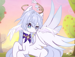 Size: 1680x1291 | Tagged: safe, artist:xiaoshundrew, pegasus, pony, apple, apple tree, female, food, honkai: star rail, mare, ponified, robin (honkai: star rail), solo, sunset, tree