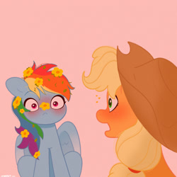 Size: 2480x2480 | Tagged: safe, artist:starburstuwu, applejack, rainbow dash, earth pony, pegasus, pony, g4, the perfect pear, bust, buttercup, character swap, cute, dashabetes, duo, duo female, female, flower, flower in hair, high res, lesbian, mare, open mouth, pink background, scene interpretation, ship:appledash, shipping, simple background