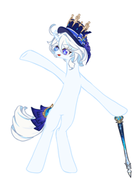 Size: 1680x2240 | Tagged: safe, artist:xiaoshundrew, pony, unicorn, belly, bipedal, bipedal leaning, female, furina (genshin impact), genshin impact, hat, horn, leaning, mare, ponified, simple background, solo, sword, weapon, white background