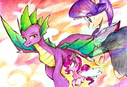 Size: 2468x1692 | Tagged: safe, artist:liaaqila, pipp petals, rarity, spike, dragon, pegasus, pony, unicorn, g4, g5, adult spike, commission, dragon lord spike, female, g4 to g5, generation leap, horn, male, older spike, pipp and her heroine, spike (g5), spirit, traditional art, trio, winged spike