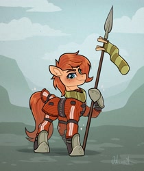 Size: 2425x2888 | Tagged: safe, artist:helmie-art, oc, oc only, oc:rusty gears, earth pony, pony, armor, clothes, female, mare, scarf, socks, solo, spear, striped socks, weapon