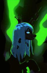 Size: 1500x2312 | Tagged: safe, artist:hierozaki, queen chrysalis, changeling, changeling queen, g4, bust, dramatic lighting, female, lidded eyes, open mouth, profile, solo