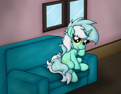 Size: 4781x3726 | Tagged: safe, artist:background basset, lyra heartstrings, pony, unicorn, g4, couch, female, horn, looking at you, sitting, smiling, smiling at you, solo, window