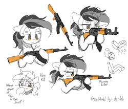 Size: 2000x1700 | Tagged: safe, artist:morningbullet, oc, oc:noot, earth pony, pony, ak-47, assault rifle, female, gun, holding, raised hoof, rifle, simple background, sketch, weapon, white background