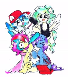 Size: 1829x2048 | Tagged: safe, artist:liaaqila, oc, oc only, oc:cuihua, oc:dashwhite, oc:nova twinkle, oc:river mint, earth pony, pegasus, cape, clothes, documents case, drink, drinking, earth pony oc, escape from tarkov, eyes closed, fierce hatchling moonshine, flying, ledx skin transilluminator, looking at you, open mouth, pack of sugar, pegasus oc, rusted bloody key, shrunken pupils, simple background, sugarcube, tagilla, terragroup labs access keycard, traditional art, underhoof, white background