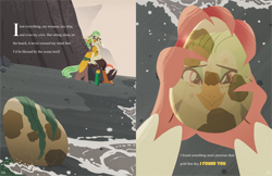 Size: 5100x3300 | Tagged: safe, artist:bearmation, captain celaeno, bird, parrot pirates, anthro, digitigrade anthro, g4, absurd file size, absurd resolution, crying, egg, female, hat off, implied princess skystar, narration, pirate, reflection, smiling, solo, story included, tears of joy, text