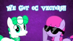 Size: 1280x720 | Tagged: safe, artist:candydrop and peppermint, artist:oblivionfall, oc, oc only, oc:candydrop, oc:pepperment, pony, duo, purple background, sunglasses, vector, youtube thumbnail