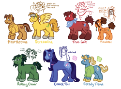 Size: 992x730 | Tagged: safe, artist:machine-bunny, earth pony, pegasus, pony, unicorn, g4, bandana, bio in description, bob the builder, clothes, coat markings, cute, dizzy (bob the builder), female, folded wings, goggles, height difference, horn, lofty (bob the builder), long description, magic, magic aura, male, mare, muck (bob the builder), ponified, ponified name, ponytail, roley, scoop (bob the builder), shirt, side view, simple background, smiling, spread wings, stallion, text, unshorn fetlocks, wendy (bob the builder), white background, wings