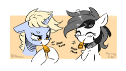 Size: 1500x850 | Tagged: safe, artist:morningbullet, oc, oc only, oc:noot, oc:nootaz, earth pony, pony, unicorn, blushing, duo, duo female, female, happy, horn, kazoo, musical instrument, smiling, text