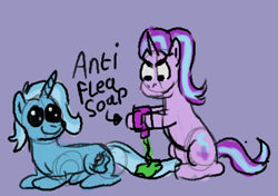 Size: 652x460 | Tagged: safe, artist:zoeyhorse, starlight glimmer, trixie, pony, unicorn, g4, big eyes, duo, duo female, female, horn, implied fleas, lying down, mare, prone, purple background, simple background, sketch, smiling, soap, starlight glimmer is not amused, unamused