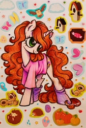 Size: 2609x3866 | Tagged: safe, artist:dariarchangel, owlowiscious, oc, oc only, oc:dariarchangel, butterfly, hedgehog, pony, unicorn, g4, candy, clothes, cloud, curly hair, curly mane, curly tail, cute, female, female oc, food, freckles, green eyes, heart, horn, long hair, long mane, long tail, looking up, mare, ocbetes, pale skin, ponified, ponysona, pumpkin, redhead, scuff mark, self insert, shirt, shy, shy smile, slender, smiling, socks, solo, standing, stars, sticker, t-shirt, tail, thin, thin legs, torn ear, traditional art, unicorn oc