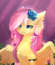 Size: 3051x3600 | Tagged: safe, artist:ssnerdy, fluttershy, butterfly, pegasus, pony, g4, abstract background, armband, chest fluff, ear fluff, female, flower, flower on ear, hair over one eye, half body, heart, looking at you, mare, partially open wings, sitting, smiling, smiling at you, solo, wings