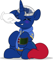 Size: 4425x5000 | Tagged: safe, artist:jhayarr23, oc, oc only, oc:bit shift, pony, unicorn, fallout equestria, absurd resolution, blue coat, blushing, boop, brain, clothes, eyes closed, hand, horn, jumpsuit, light blue background, organs, pipbuck, red tail, simple background, sitting, smiling, solo, tail, vault suit