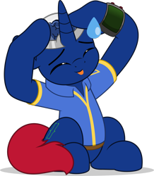 Size: 4362x5000 | Tagged: safe, artist:jhayarr23, oc, oc only, oc:bit shift, pony, unicorn, fallout equestria, :p, absurd resolution, ah eto bleh, blue coat, boop, brain, clothes, eyes closed, horn, jumpsuit, light blue background, organs, pipbuck, red tail, simple background, sitting, solo, sweat, sweatdrop, tail, tongue out, vault suit