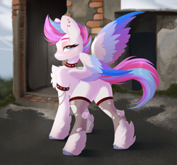 Size: 4096x3820 | Tagged: safe, alternate version, artist:kebchach, zipp storm, pegasus, pony, g5, bedroom eyes, blushing, butt, chains, chest fluff, choker, clothes, collar, colored wings, colored wingtips, ear piercing, earring, eyebrow piercing, female, high res, jewelry, leg fluff, looking at you, looking back, looking back at you, mare, multicolored wings, outdoors, piercing, plot, presenting, raised tail, rear view, ripped stockings, socks, solo, spiked choker, spiked collar, spread legs, spread wings, spreading, stockings, tail, thigh highs, torn clothes, unshorn fetlocks, wings, zippbutt