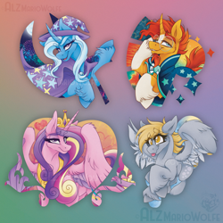 Size: 2700x2700 | Tagged: safe, artist:alzmariowolfe, derpy hooves, princess cadance, sunburst, trixie, alicorn, pegasus, pony, unicorn, g4, cape, clothes, female, gradient background, hat, horn, male, mare, stallion, trixie's cape, trixie's hat