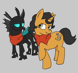 Size: 1440x1342 | Tagged: safe, derpibooru exclusive, oc, oc only, oc:mouth, oc:swindler, changeling, pony, unicorn, changeling oc, clothes, female, fish hooks, gray background, horn, scarf, siblings, simple background, sisters, unicorn oc