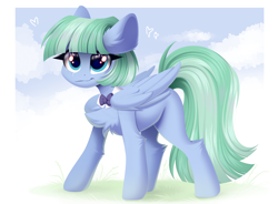 Size: 4096x3015 | Tagged: safe, artist:kebchach, oc, oc only, oc:silky strings, pegasus, pony, bowtie, chest fluff, female, folded wings, heart, high res, leg fluff, mare, necktie, pegasus oc, smiling, solo, tail, wings