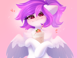 Size: 4096x3065 | Tagged: oc name needed, safe, artist:kebchach, oc, oc only, pegasus, pony, blushing, chest fluff, colored wings, drink, excessive chest fluff, female, floating heart, floppy ears, food, front view, gradient background, hair over one eye, half body, heart, heart eyes, high res, holding a cup, looking at you, mare, milkshake, partially open wings, pegasus oc, shake, smiling, smiling at you, solo, spread wings, strawberry, two toned wings, white coat, wingding eyes, wings