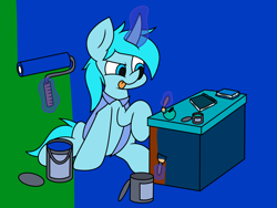 Size: 4032x3024 | Tagged: safe, artist:derpyalex2, oc, oc only, pony, unicorn, apple, book, cape, clothes, desk, digital art, food, horn, magic, notebook, paint, paint can, paint roller, paintbrush, painting, solo, telekinesis