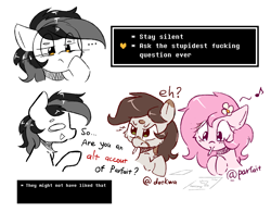 Size: 1620x1264 | Tagged: safe, artist:morningbullet, oc, oc only, oc:deary dots, oc:kayla, oc:noot, angry, comic, female, filly, flower, flower in hair, foal, music notes, silly, simple background, text, undertale, white background