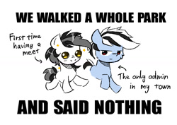 Size: 1355x958 | Tagged: safe, artist:morningbullet, oc, oc only, oc:nathan, oc:noot, earth pony, pony, blushing, duo, meme, poker face, silly, simple background, text, white background