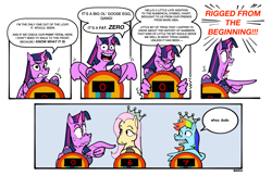 Size: 2897x1875 | Tagged: safe, artist:bixels, fluttershy, rainbow dash, twilight sparkle, alicorn, pegasus, pony, g4, comic, dialogue, dropout, female, game changer, mare, paper crown, pointing, simple background, speech bubble, trio, trio female, twilight sparkle (alicorn), white background, wing hands, wings