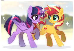 Size: 3859x2650 | Tagged: safe, artist:scarffist, sunset shimmer, twilight sparkle, alicorn, pony, unicorn, g4, base used, couple, cute, duo, duo female, female, green eyes, happy, horn, long hair, long mane, long tail, looking at each other, looking at someone, purple eyes, running, ship:sunsetsparkle, shipping, smiling, sparkles, tail, teeth, twilight sparkle (alicorn), walking