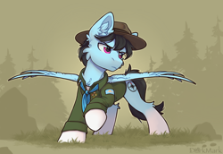 Size: 1958x1350 | Tagged: safe, artist:dorkmark, oc, oc only, oc:leo hawk, pegasus, pony, cheek fluff, clothes, ear fluff, forest, hat, looking sideways, male, nature, pegasus oc, raised hoof, solo, spread wings, tree, wings